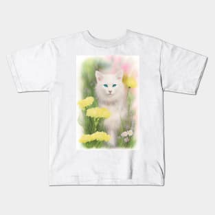 White Cat in the Flower Garden Soft Pastel Colors Kids T-Shirt